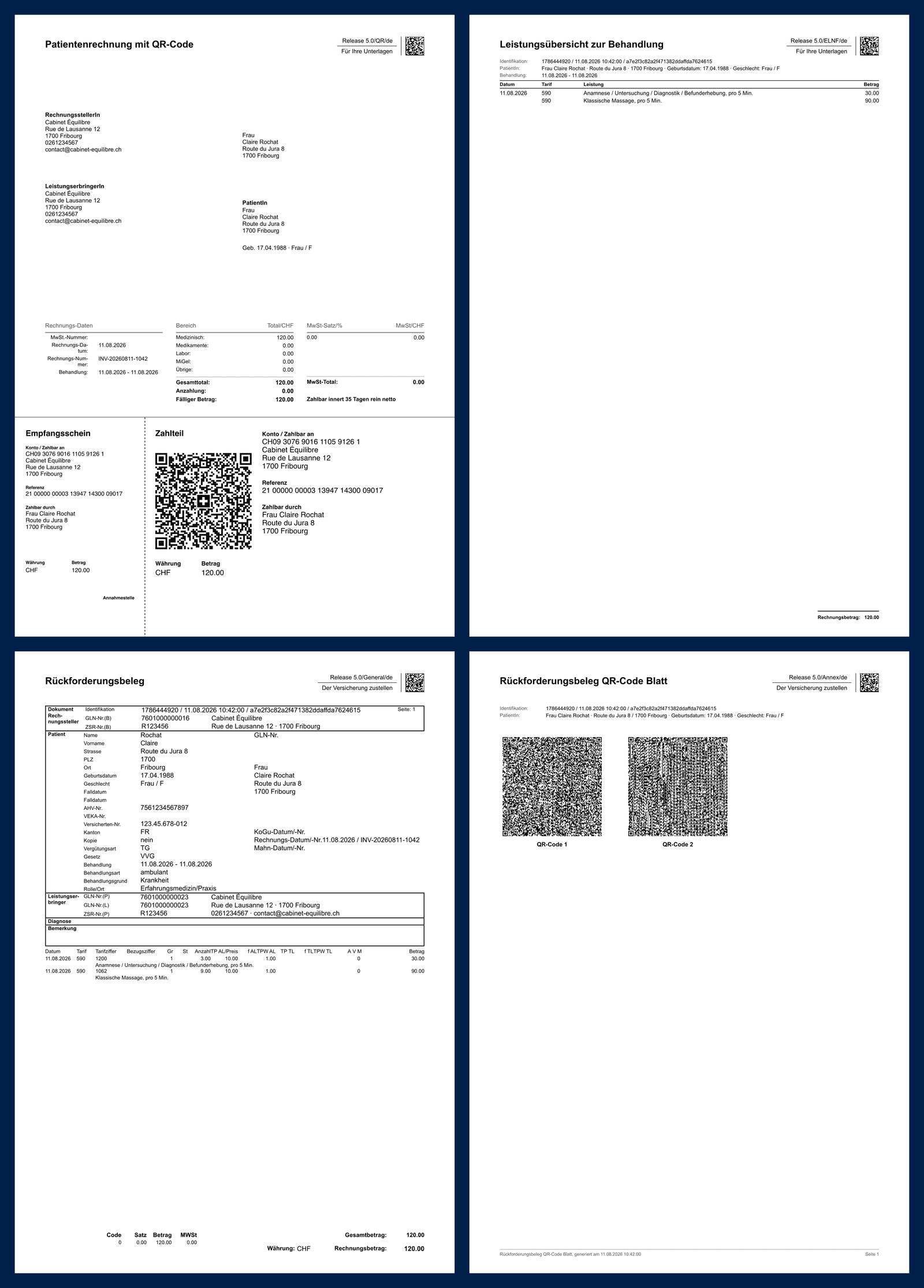 Beispiel einer von Reserveo erstellten Tarif-590-Rechnung: Patientenrechnung mit QR-Rechnung, Leistungsübersicht, Rückforderungsbeleg und QR-Code-Blatt