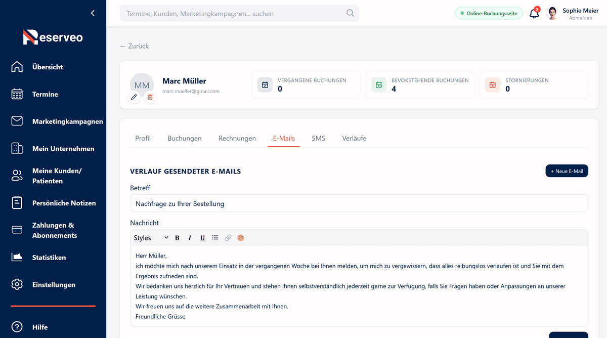 Kontaktieren Sie Kunden per E-Mail oder SMS direkt aus ihrer Datei