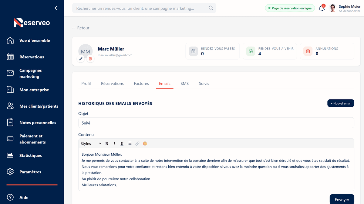 Contactez vos clients par e-mail ou SMS depuis leur fiche
