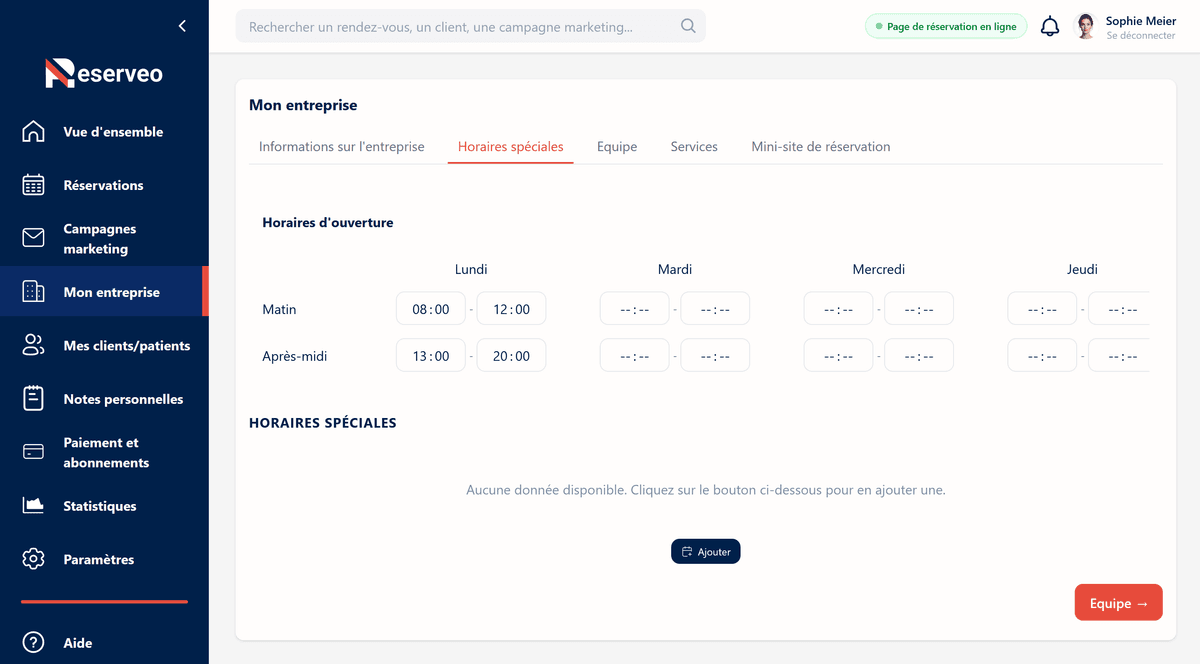 2. Définissez vos horaires d'ouverture