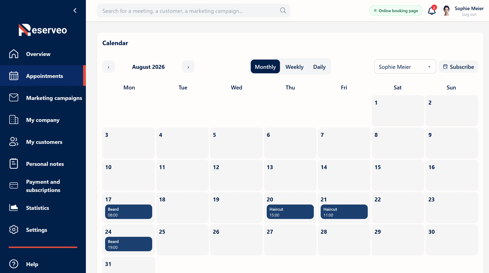 View all your appointments in an interactive calendar