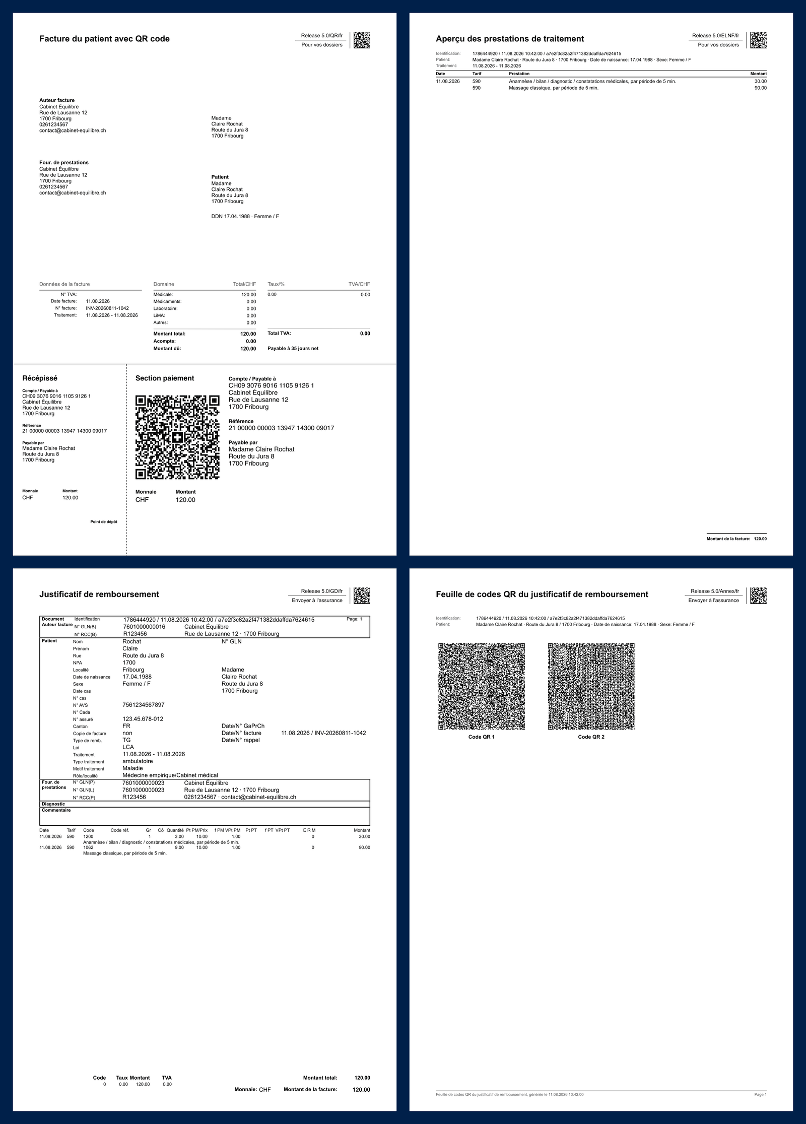 Example of a Tarif 590 invoice generated by Reserveo: patient invoice with QR-bill, treatment summary, reimbursement receipt and QR code sheet