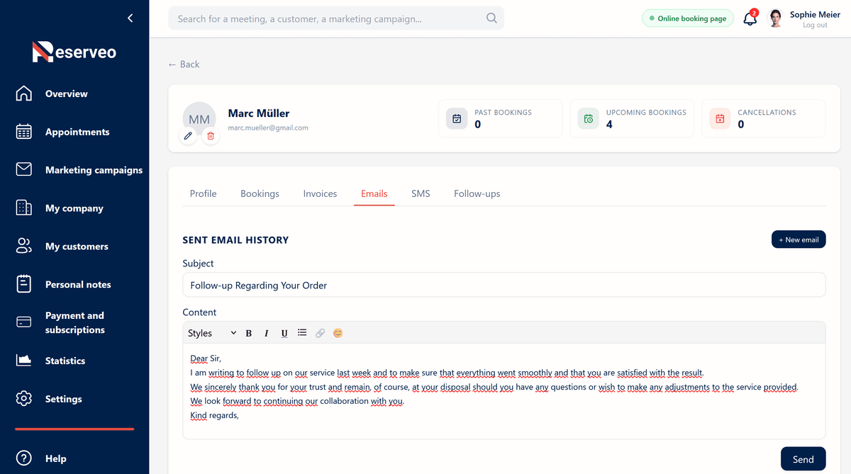 Contact clients by email or SMS directly from their profile