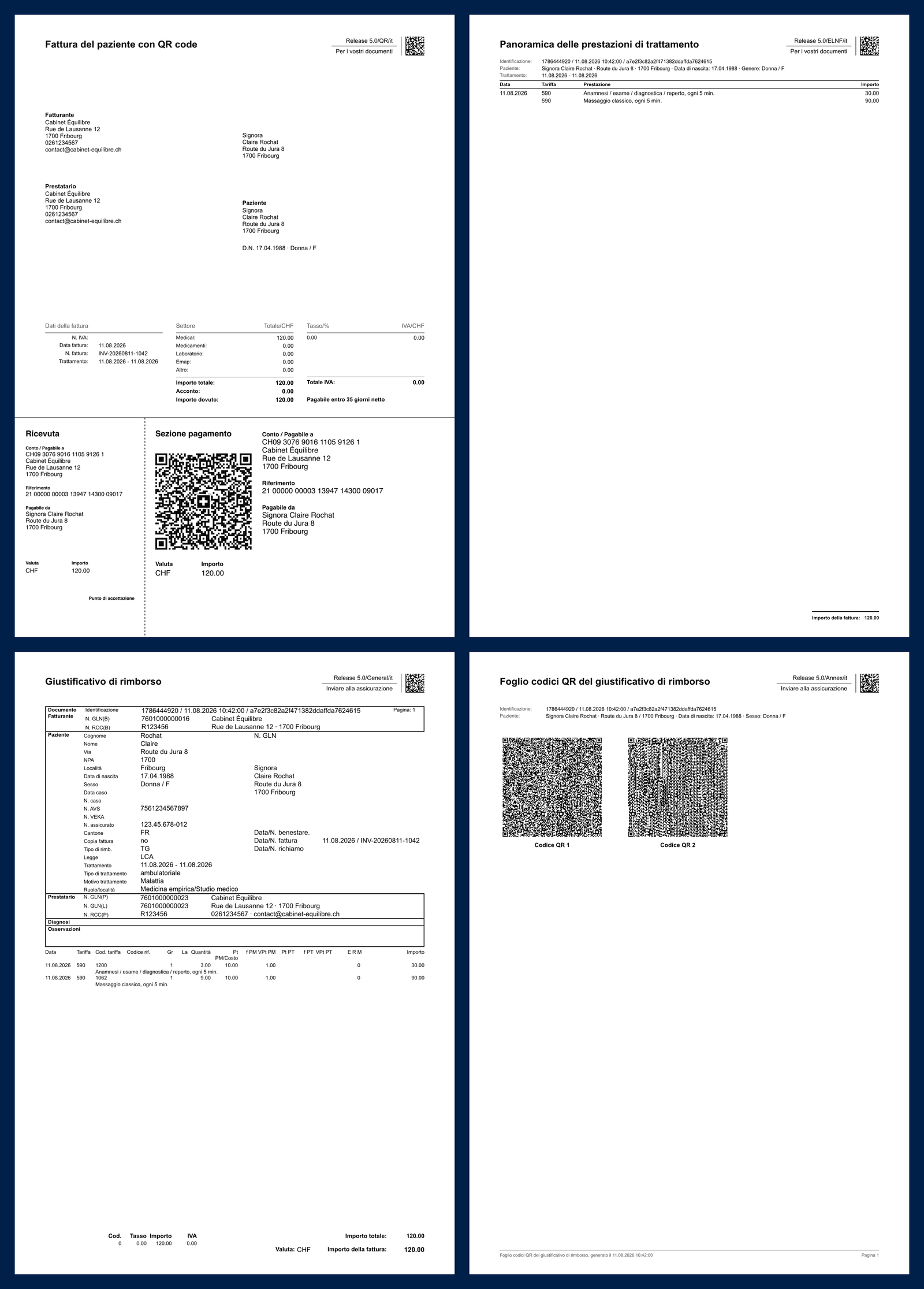 Esempio di fattura Tariffa 590 generata da Reserveo: fattura al paziente con QR-fattura, riepilogo delle prestazioni, giustificativo di rimborso e foglio dei codici QR