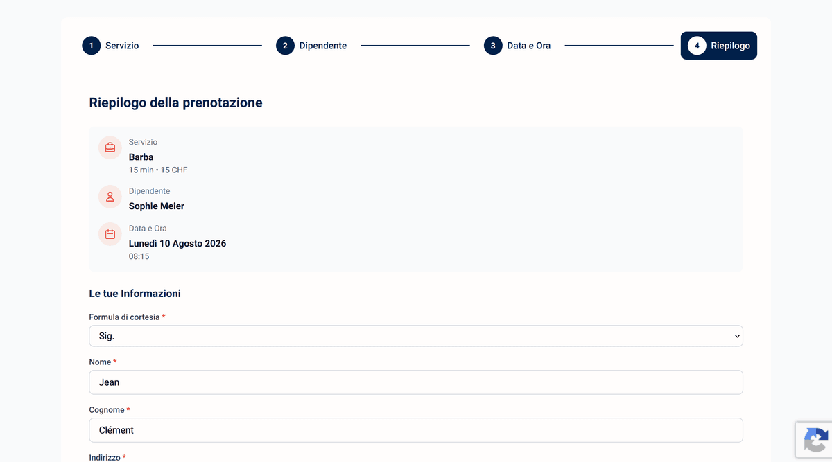 4. I clienti inseriscono i dati personali e confermano la prenotazione